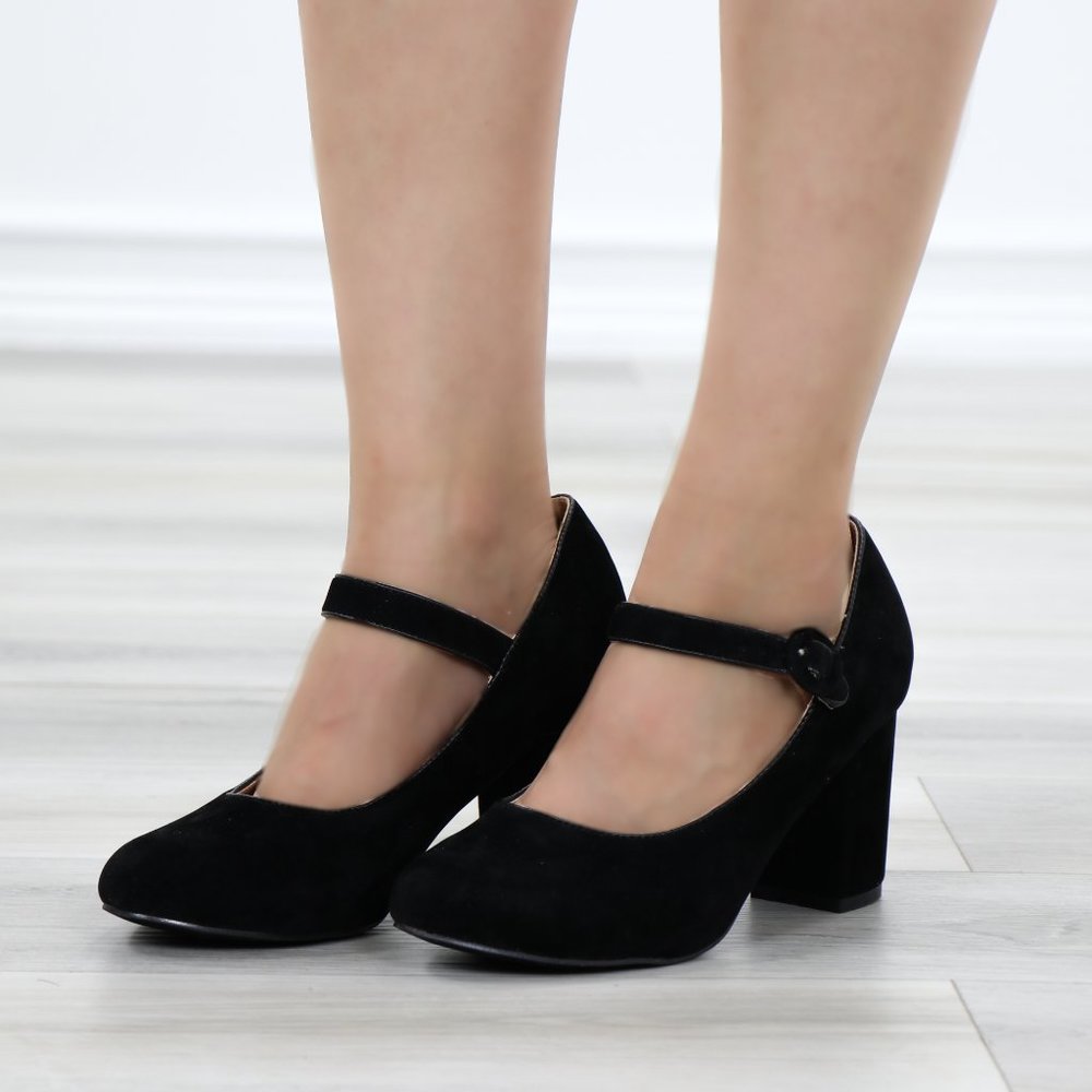 Cute Black Faux Suede Chunky Heel Pumps - Picture 9 of 13